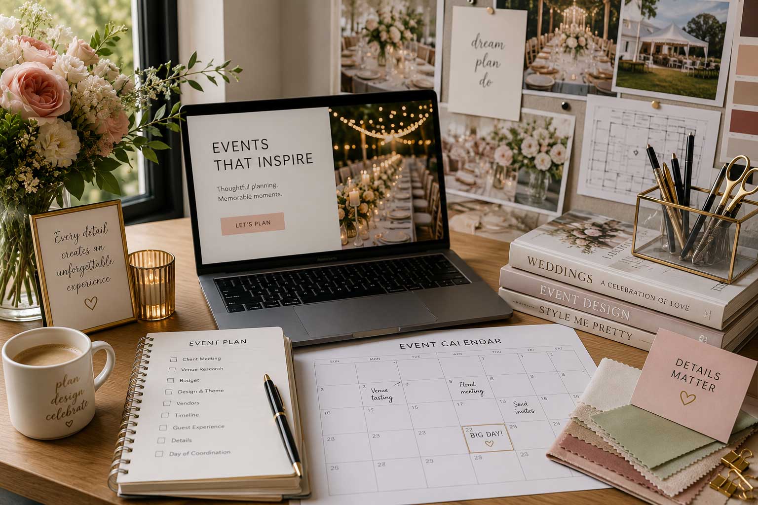 Event planning workspace with a laptop, calendar, and planning resources