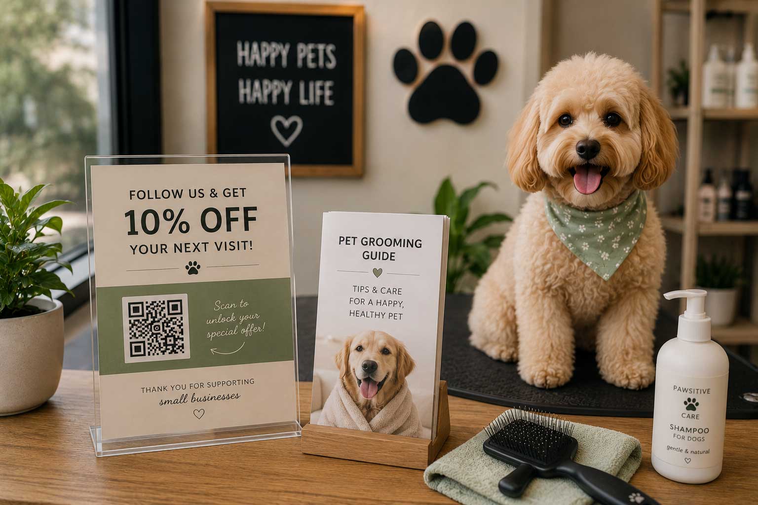 Professional pet groomer caring for a dog inside a grooming salon